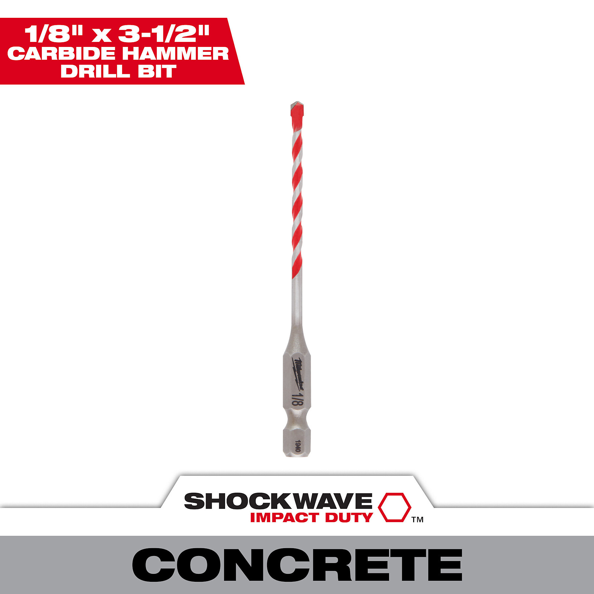 Milwaukee SHOCKWAVE Carbide Hammer Drill Bit, 1/8in. x 2in. x 3 1/2in., Model# 48-20-9000